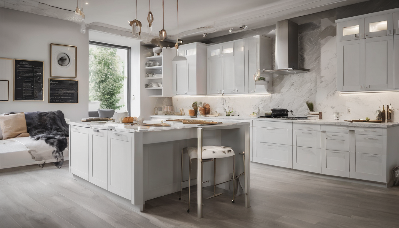 Photo showing professional carpenters installing kitchen cabinets with power tools and level, illustrating the process of what to expect during a professional kitchen installation.