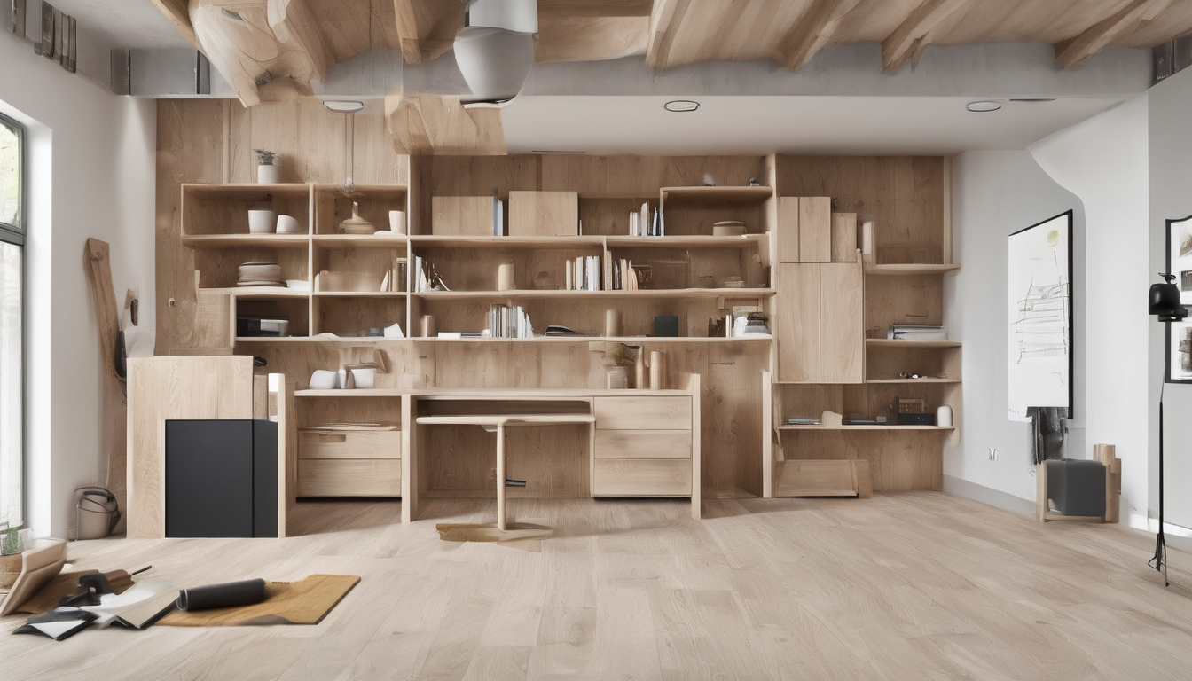 Wooden frame under construction showing first fix carpentry work coordinated with electrical and plumbing trades installations in a residential building.