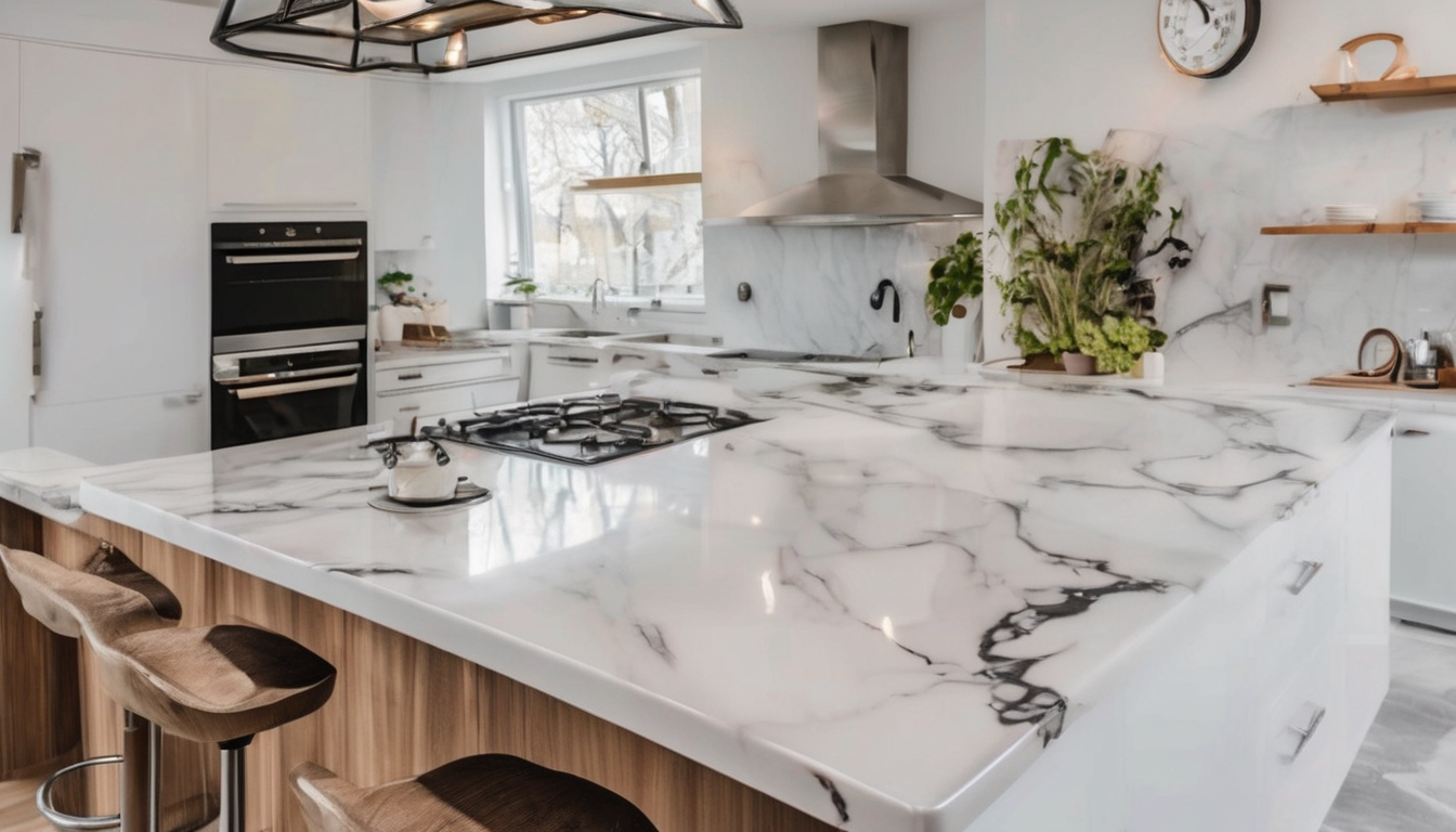 Close-up of a glossy, food-safe epoxy-coated timber kitchen countertop with a smooth, clear surface and subtle wood grain visible beneath the resin.