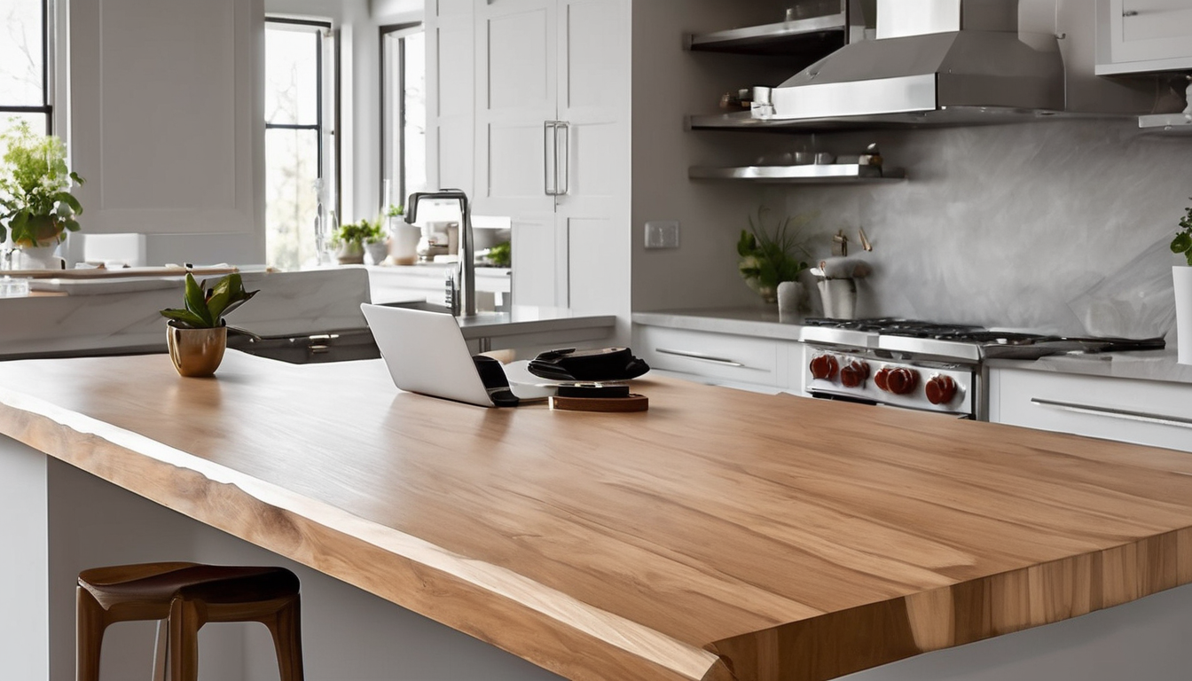 Comparison chart showing wood veneer countertops alongside laminate, butcher block, granite, and solid surface materials highlighting key cost and durability differences.