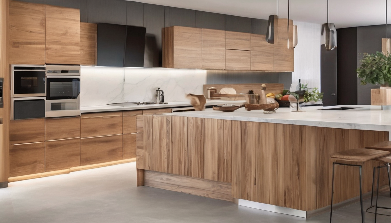 Close-up of a wood veneer kitchen countertop showing natural wood grain texture and smooth finish in a modern kitchen setting.